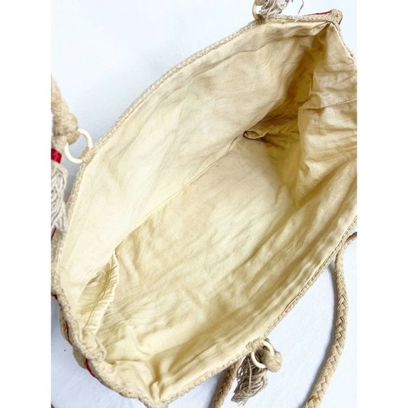 Vtg Bohemian Burlap Embroidered Tote Bag w/ Rope - Picture 5 of 5